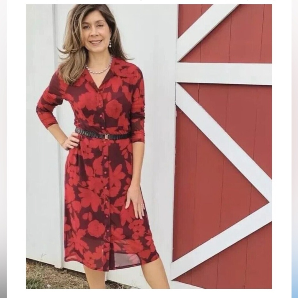 CAbi • “Fire & Ice” Red Floral Button Down Floral Midi Shirt Dress - Picture 2 of 14